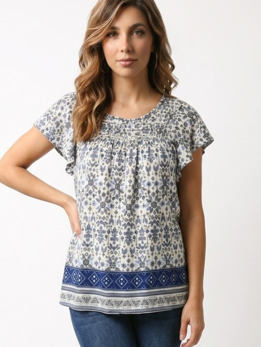 Blue and White Floral Women's Top
